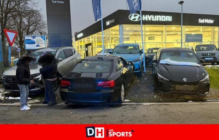 A car collides with several new vehicles on Quai d’Arona, in Huy