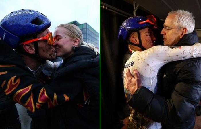 PHOTO SERIES: Thibau Nys falls into the arms of girlfriend and coach Paul Van den Bosch after his Belgian title