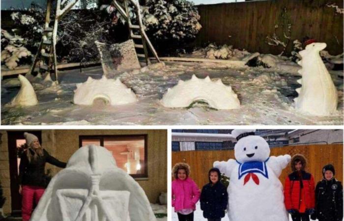 Nessie, Darth Vader and Ghostbusters Stay Puft Marshmallow Man among the snowman creations of mum in Blackburn, West Lothian; Loch Ness Monster creation took 3 hours to build