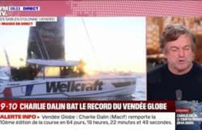 the winner, Charlie Dalin, arrives in Sables-d’Olonne