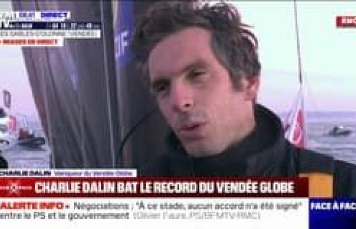 the winner, Charlie Dalin, arrives in Sables-d’Olonne