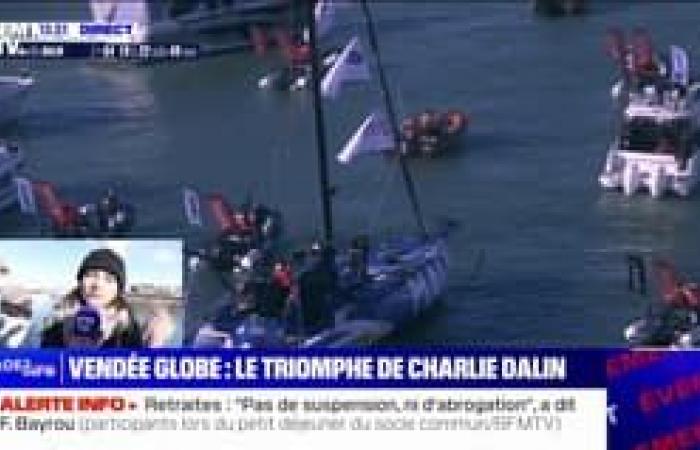 the winner, Charlie Dalin, arrives in Sables-d’Olonne