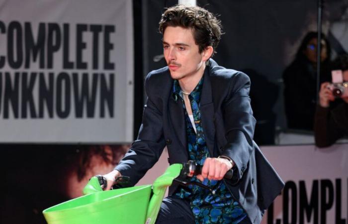 Timothée Chalamet arrives at the premiere of A Perfect Stranger… by bike