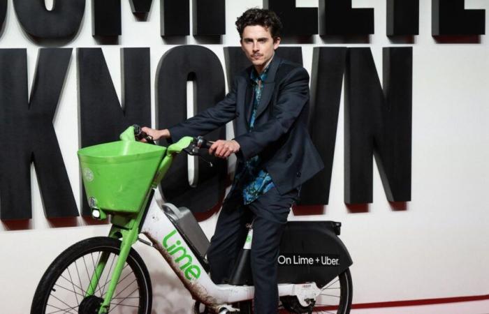 Timothée Chalamet arrives in an electric bike and Hawaiian shirt on the red carpet of A Perfect Stranger