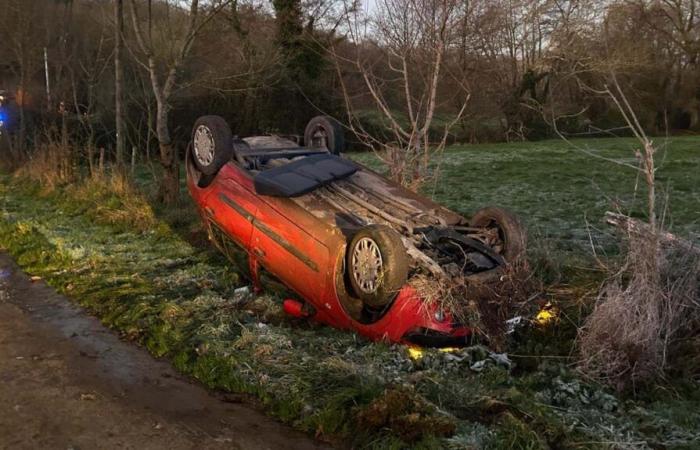 the driver slips on the ice, her car ends up on the roof