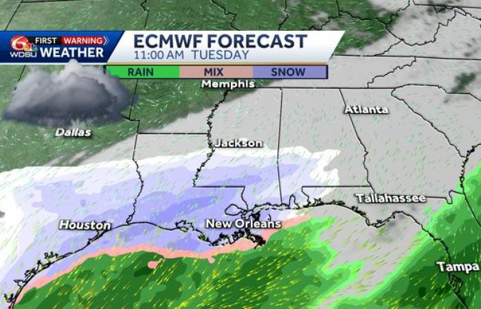 will it snow in New Orleans how cold will it get wintry mix ice