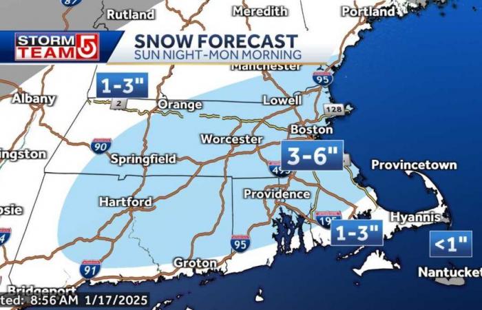 Parts of Mass. could see plowable snow Sunday night