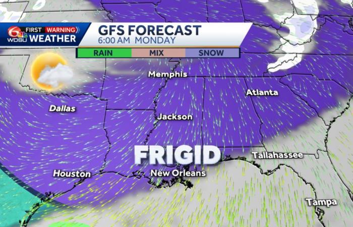 will it snow in New Orleans how cold will it get wintry mix ice