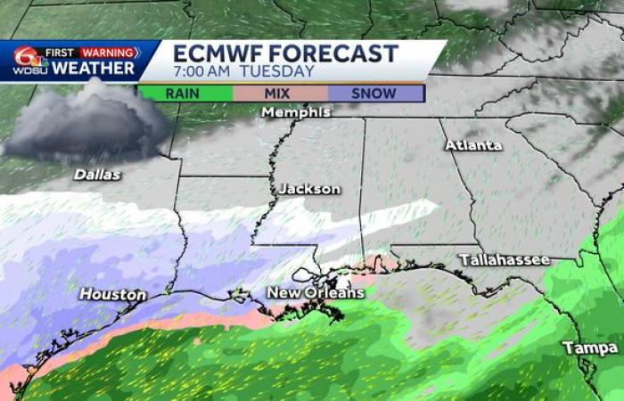 will it snow in New Orleans how cold will it get wintry mix ice