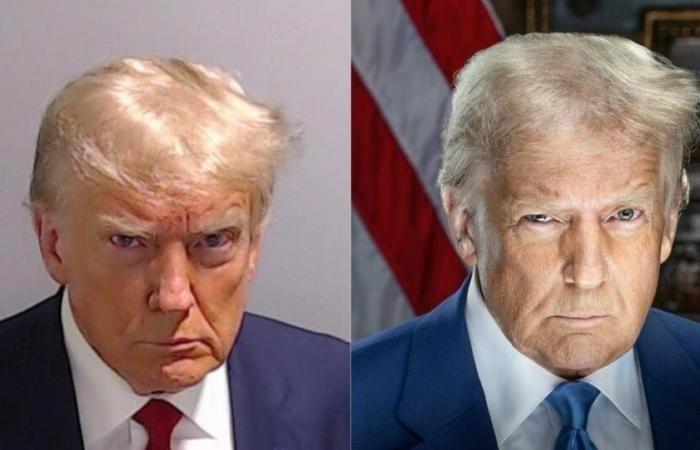 The striking resemblance between the official portrait of Donald Trump and his mugshot