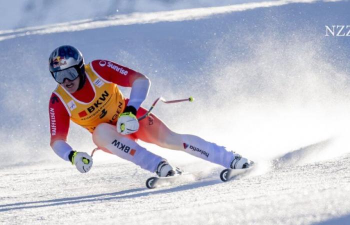 Franjo von Allmen celebrates his first World Cup victory in the Super-G in Wengen