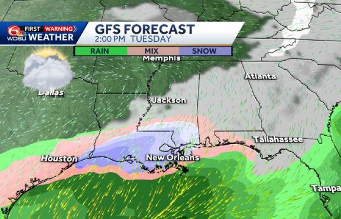 will it snow in New Orleans how cold will it get wintry mix ice