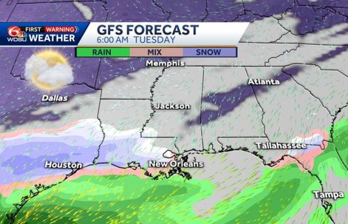 will it snow in New Orleans how cold will it get wintry mix ice