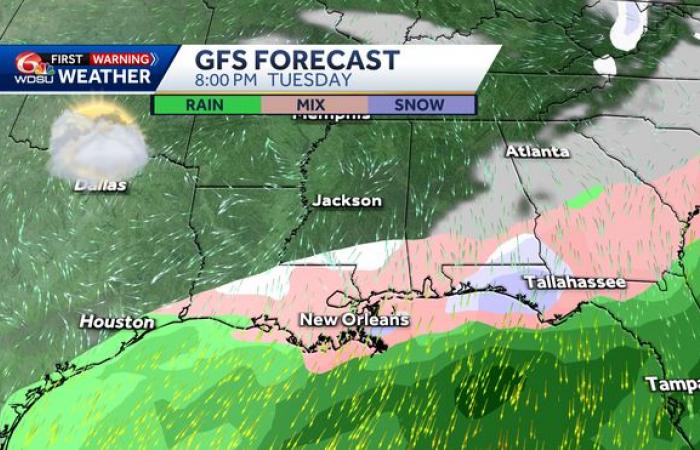 will it snow in New Orleans how cold will it get wintry mix ice