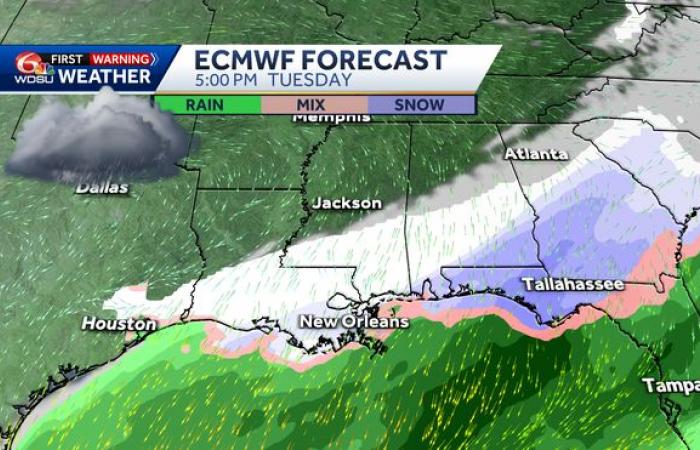 will it snow in New Orleans how cold will it get wintry mix ice