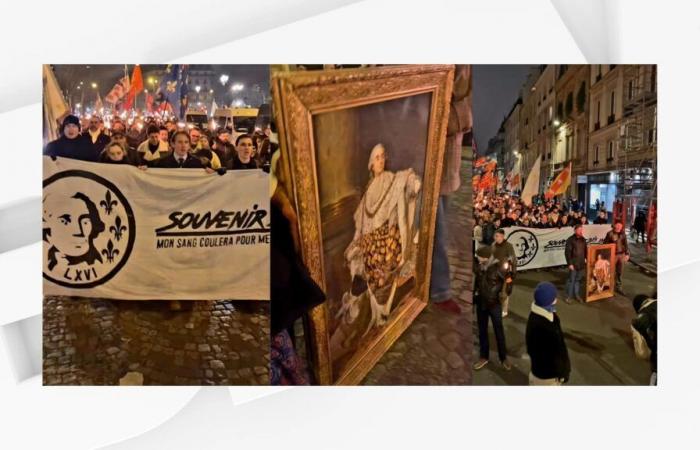 royalists demonstrate with torches in homage to Louis XVI in Paris