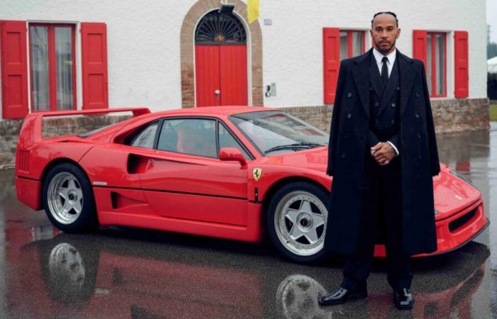 Lewis Hamilton poses with the Ferrari F40 on his first day at Maranello