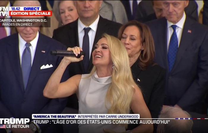 country singer Carrie Underwood sings “America the Beautiful”, an American patriotic song