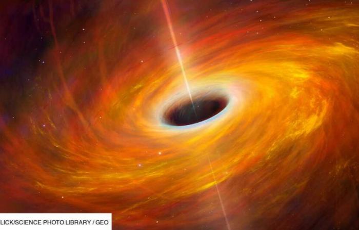 In a distant galaxy, a black hole fires jets of plasma due to a mysterious orbiting star