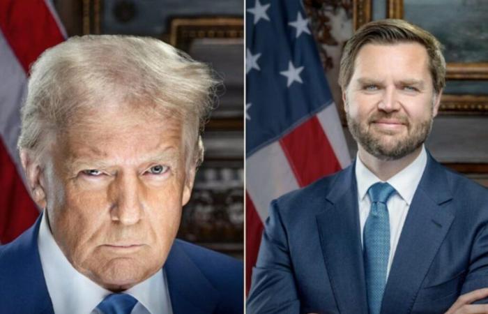 Official portraits of Donald Trump and JD Vance: meme of the police ID photo against smiling scout?