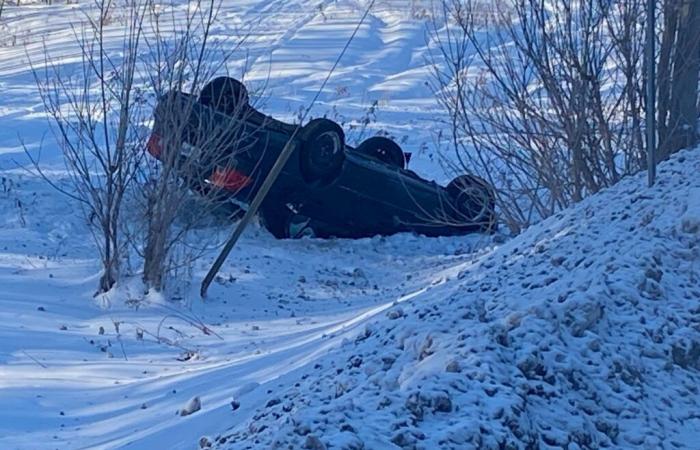 A vehicle ends its journey on its roof