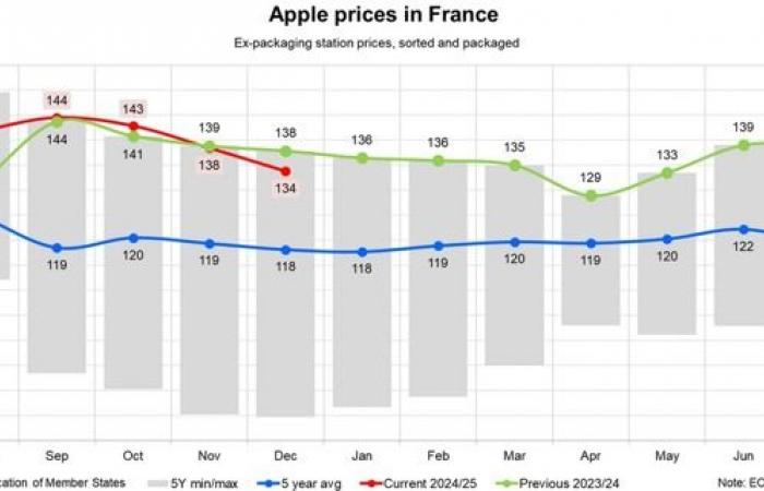 In December, apple prices reached €65/100 kg in Poland and €98/100 kg in Italy