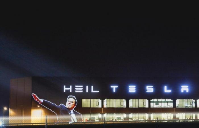 Musk’s salute projected on a factory in Germany