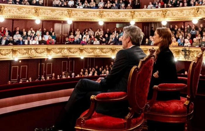 King Frederik and Queen Mary occupy the royal box for their first performance at the Royal Danish Theater