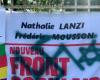 a swastika and a Star of David tagged on a banner of the New Popular Front in New Aquitaine