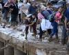 a crowd of volunteers are busy cleaning up the disaster-stricken towns near Valencia