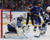 Obstruction on the goalkeepers: Hellebuyck has his helmet full