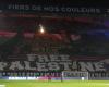 Atlético de Madrid: A huge tifo and banners in support of Palestine and Lebanon at the Parc des Princes