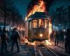 a tram burned during riots