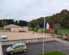 A wild boar tumbles in front of the village hall of a village in Calvados