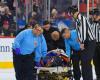 Hockey: A referee evacuated on a stretcher during an NHL match