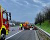 Motorcycle driver in serious condition after multi-vehicle collision, car catches fire, highway cut