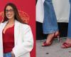 Bella Hadid Sees Red in Scarlet Sandals With Bedazzled Heels at an Orabella Perfume Pop-Up in New York