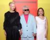 Pedro Almodovar surrounded by Julianne Moore and Tilda Swinton in Paris