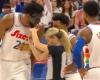 Masked Joel Embiid rips off face protection after furious confrontation with female referee